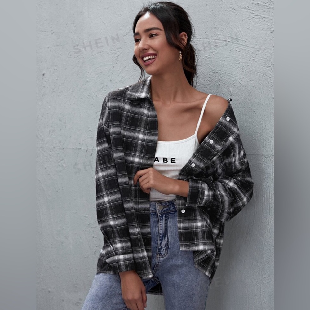 SHEIN XS OVERSIZED flannel plaid shirt
